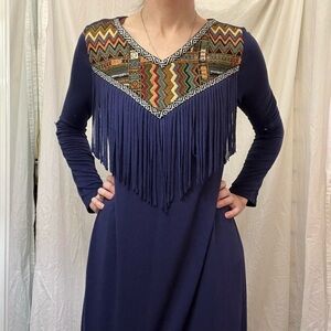 Navy Blue Fringe Dress‎ with Aztec Patterned Neckline Embroidery